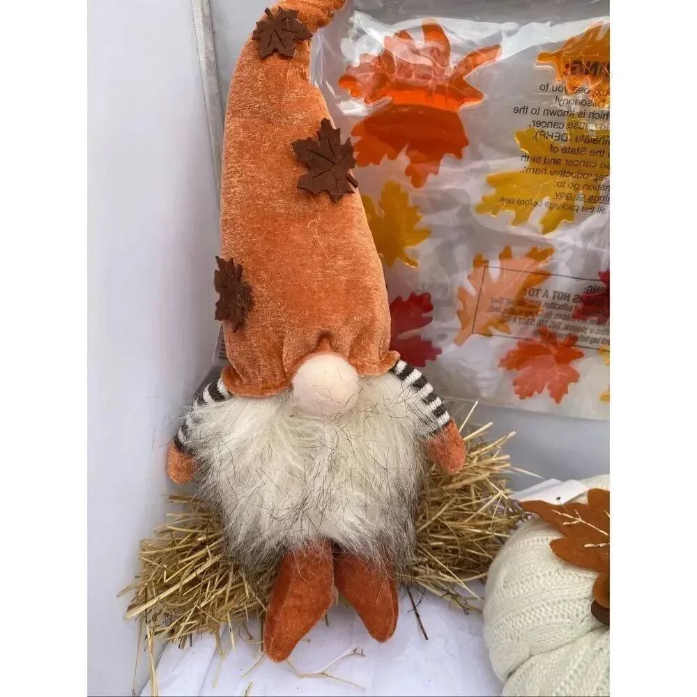 🍁Harvest Fall Décor Bundle – Light Up Gnome Plush, Knit Fabric Pumpkin & Autumn